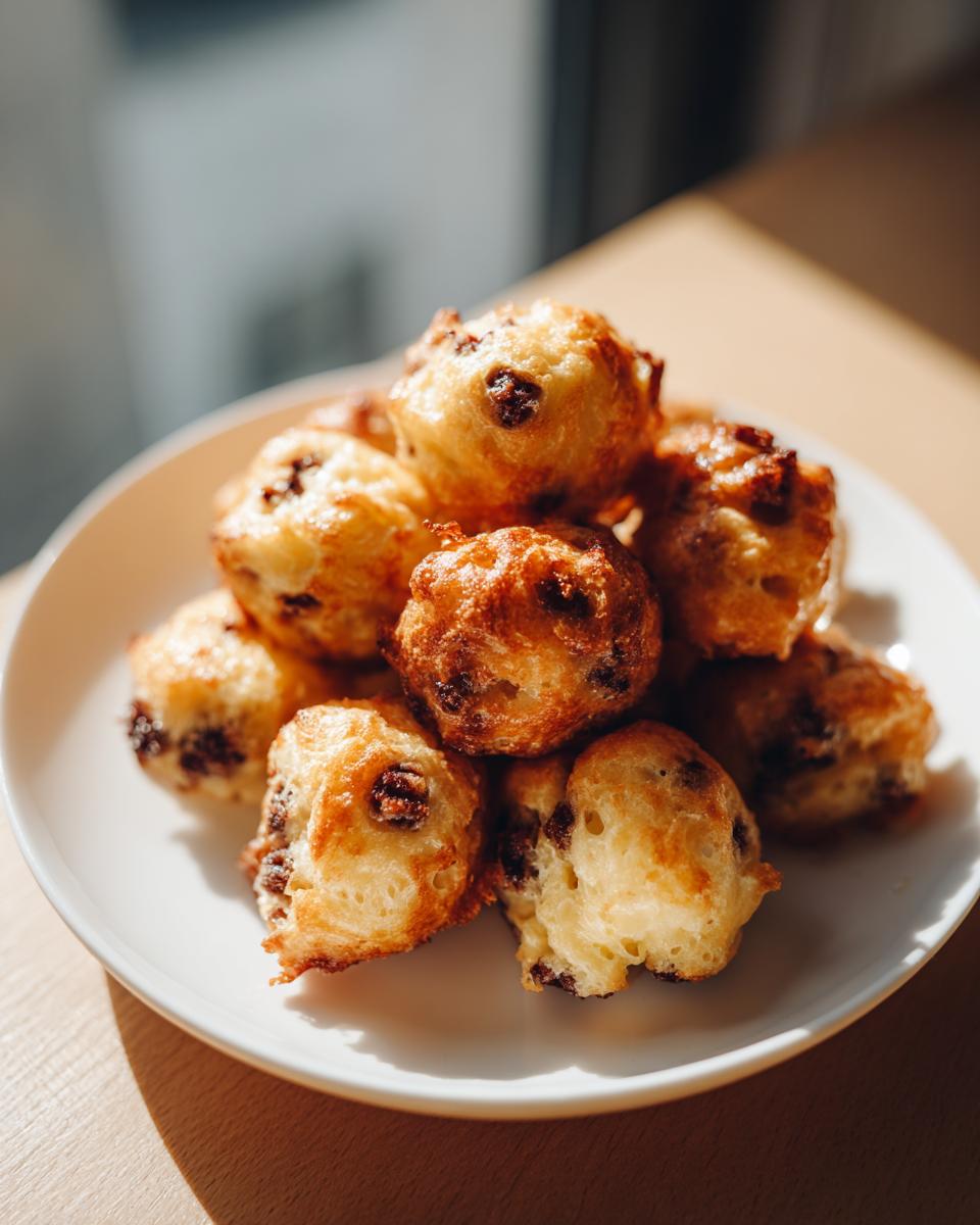 A pile of golden brown Sausage Pancake Bites with visible sausage pieces on a white plate.
