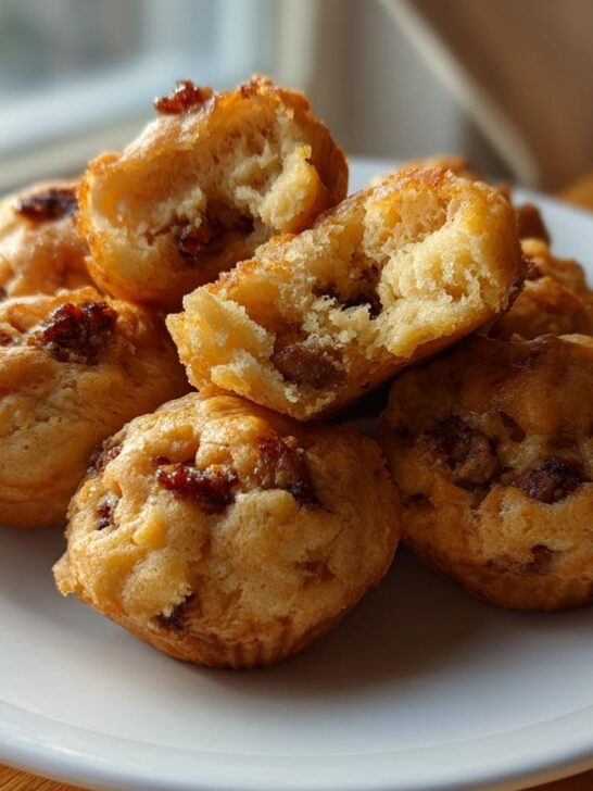 A pile of golden brown Sausage Pancake Bites on a white plate, one is broken open showing the fluffy interior.
