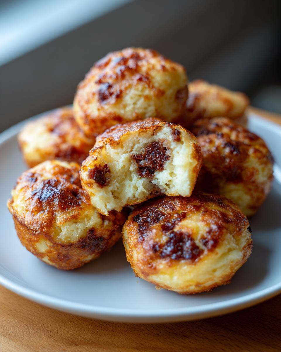 Close-up of golden brown Sausage Pancake Bites stacked on a plate, one is broken open showing the sausage filling.