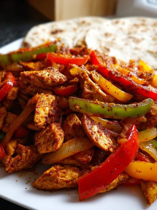 Close-up of seasoned chicken pieces and colorful bell peppers from Sheet Pan Chicken Fajitas, served with tortillas.