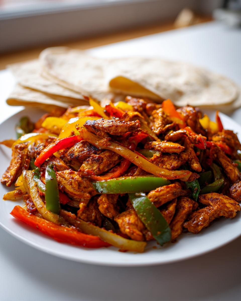 Close-up of seasoned chicken strips and colorful bell peppers for Sheet Pan Chicken Fajitas, served with warm tortillas.