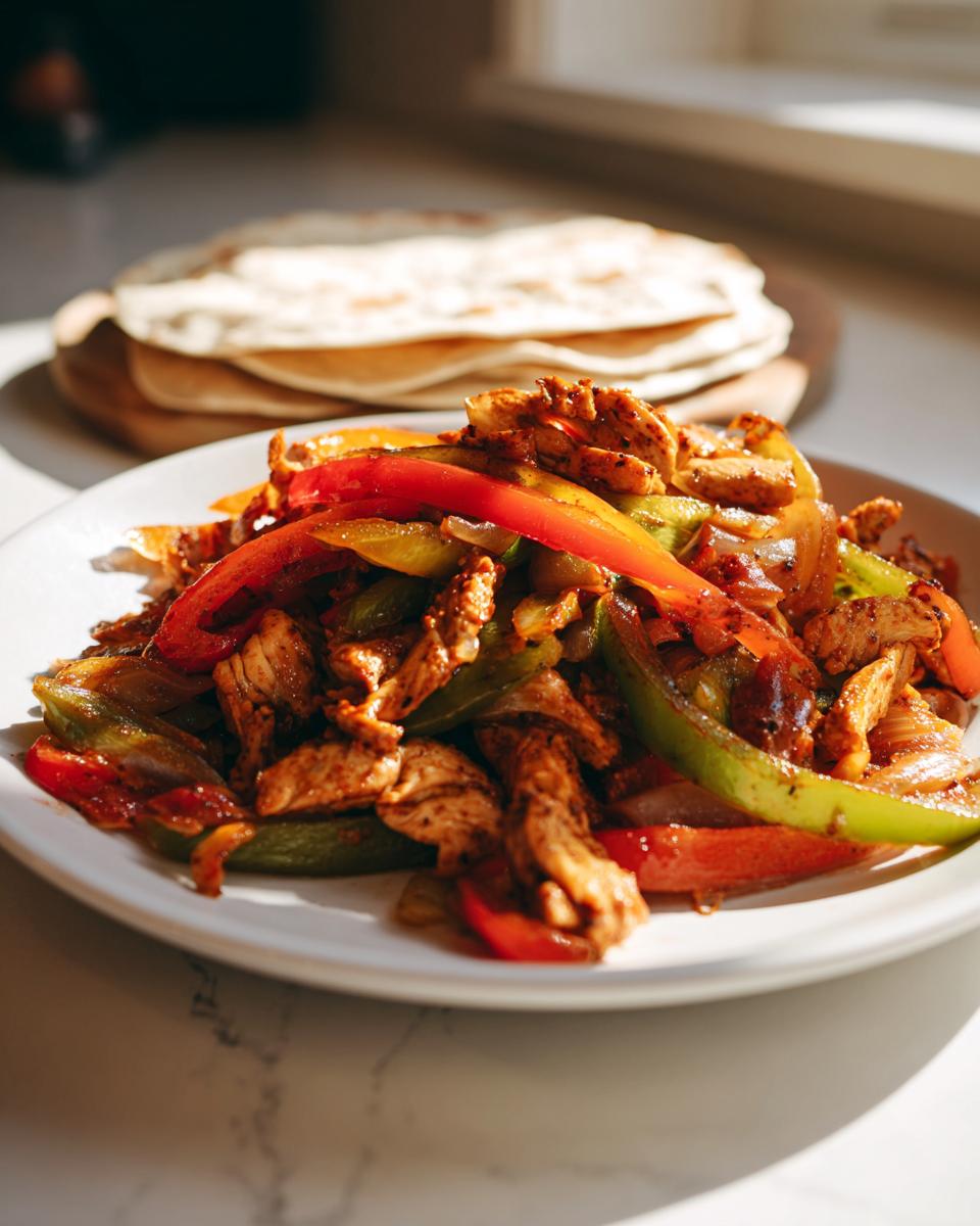 Close-up of seasoned chicken strips and colorful bell peppers from Sheet Pan Chicken Fajitas on a white plate.