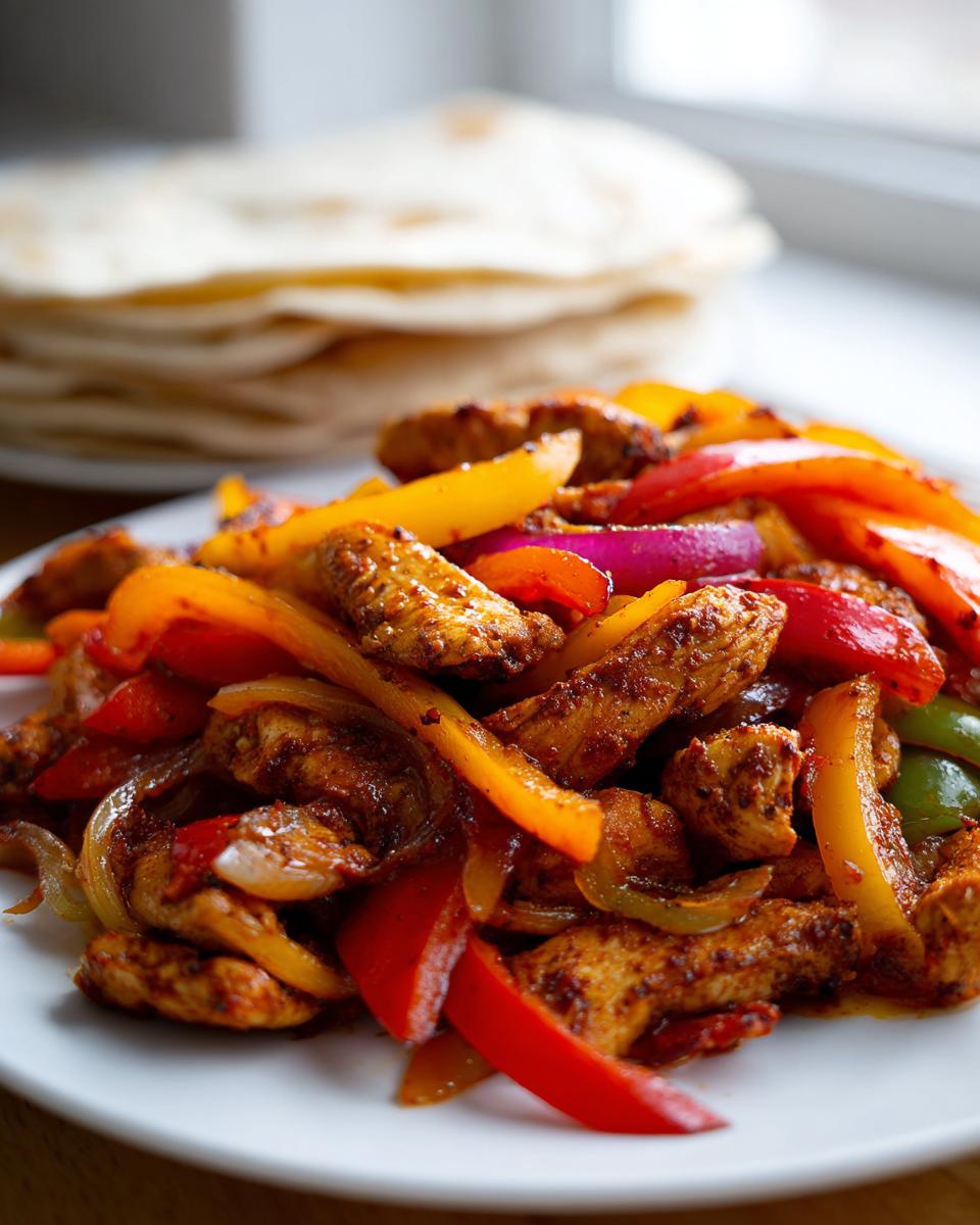 Close-up of seasoned chicken strips and colorful bell peppers from Sheet Pan Chicken Fajitas on a white plate, with tortillas blurred in the background.