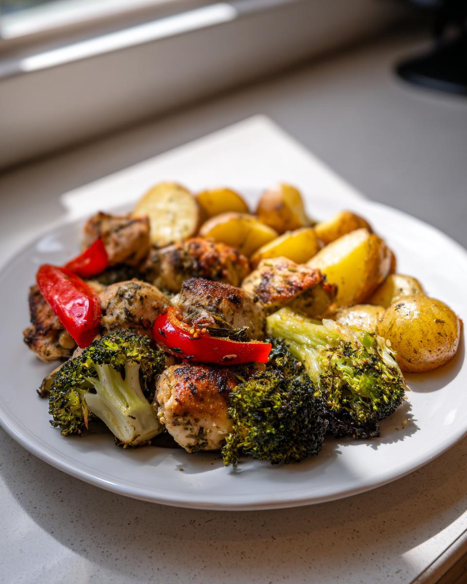A plate featuring seasoned chicken pieces, roasted potatoes, broccoli, and red peppers from a Sheet Pan Dinner Recipes meal.