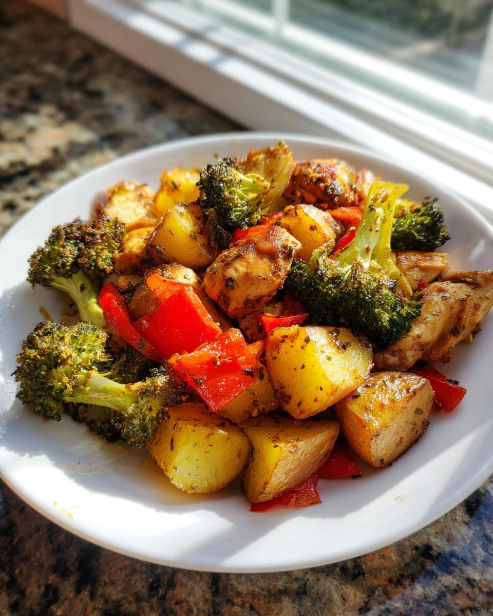 A plate of seasoned chicken, roasted potatoes, broccoli, and red peppers, typical of Sheet Pan Dinner Recipes.