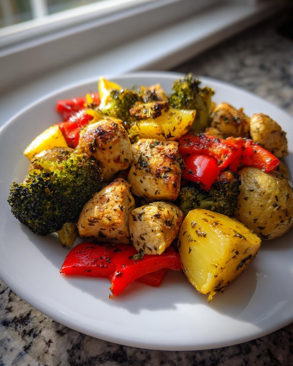 Close-up of seasoned chicken, potatoes, broccoli, and red peppers from a Sheet Pan Dinner Recipe.