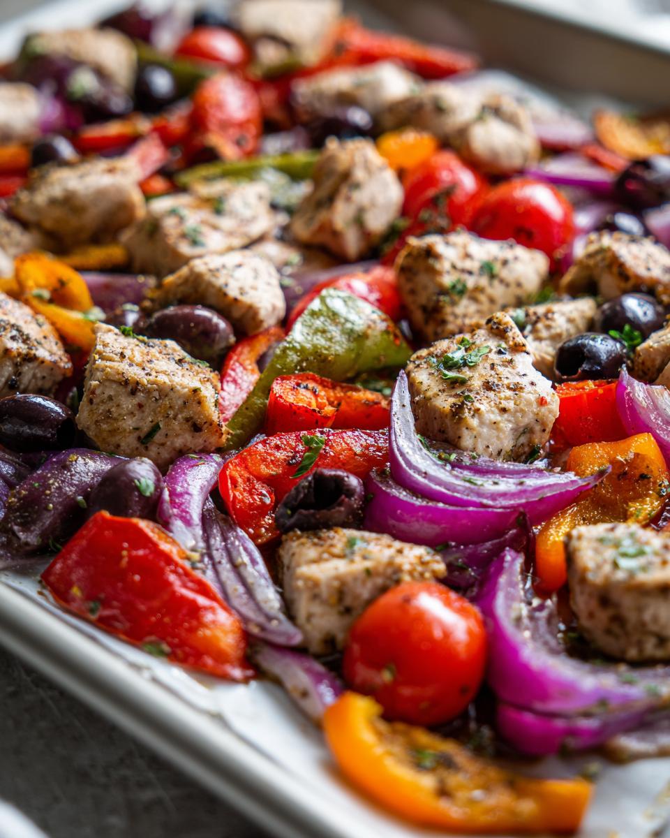Close-up of seasoned chicken chunks mixed with colorful roasted vegetables in Sheet Pan Greek Chicken Veggies.