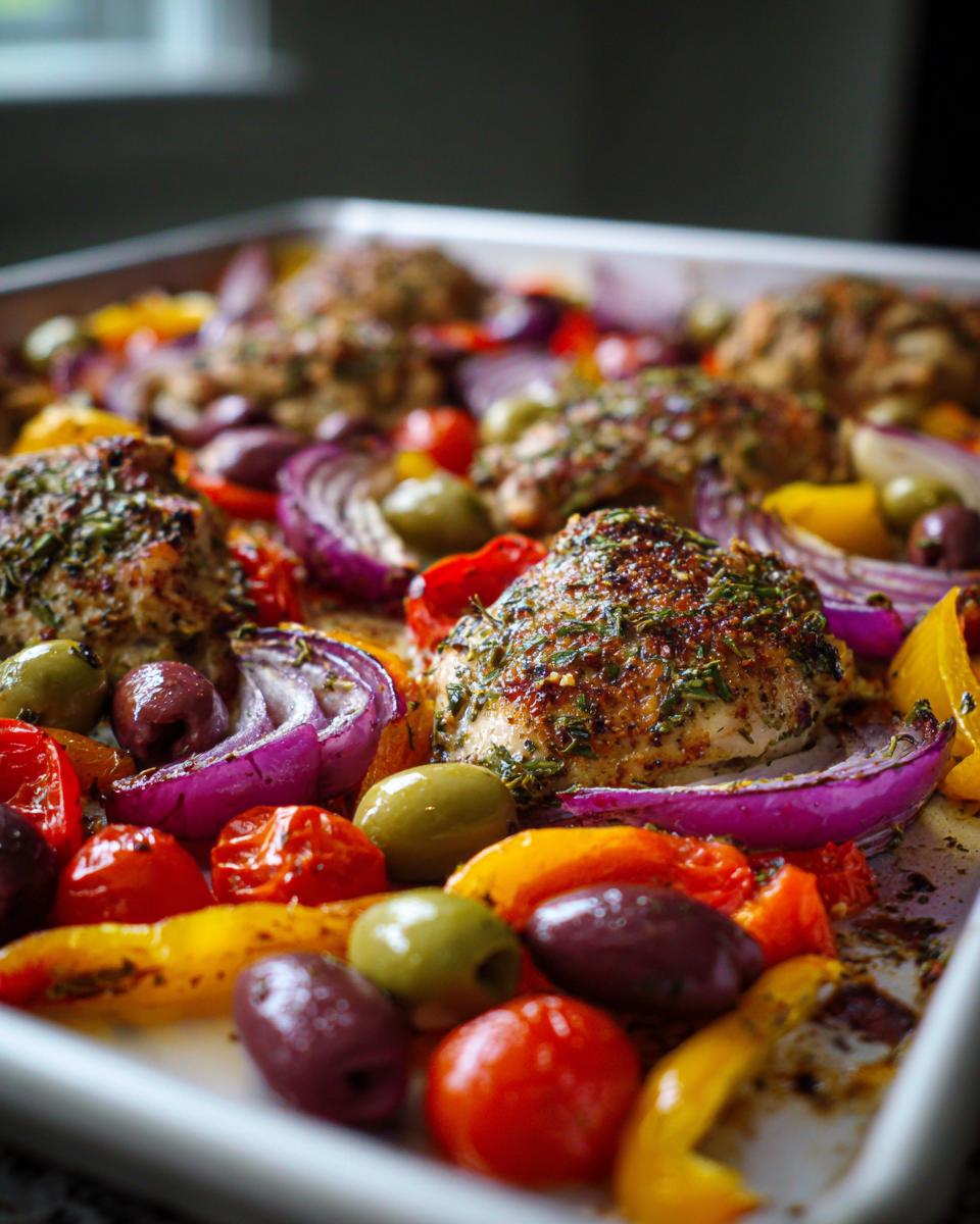 Close-up of Sheet Pan Greek Chicken Veggies with roasted tomatoes, red onion, and olives.