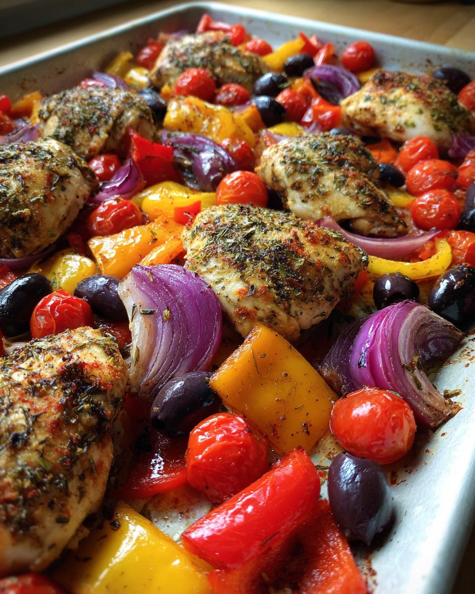 Close-up of Sheet Pan Greek Chicken Veggies with roasted chicken, red onions, peppers, tomatoes, and olives.