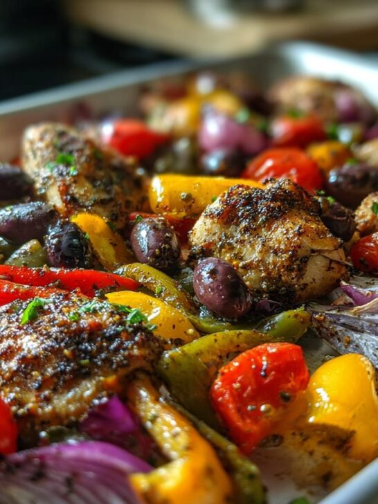 Close-up of Sheet Pan Greek Chicken Veggies with roasted peppers, onions, tomatoes, and olives.