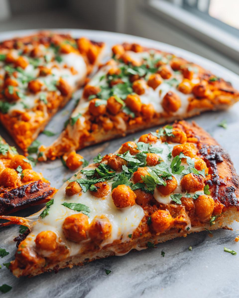 A close-up of a slice of Sheet Pan Roasted Garlic Buffalo Chickpea Pizza topped with melted cheese and fresh cilantro.