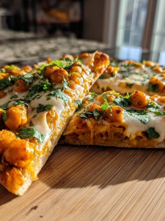 Close-up of Sheet Pan Roasted Garlic Buffalo Chickpea Pizza slices topped with melted cheese and fresh cilantro.