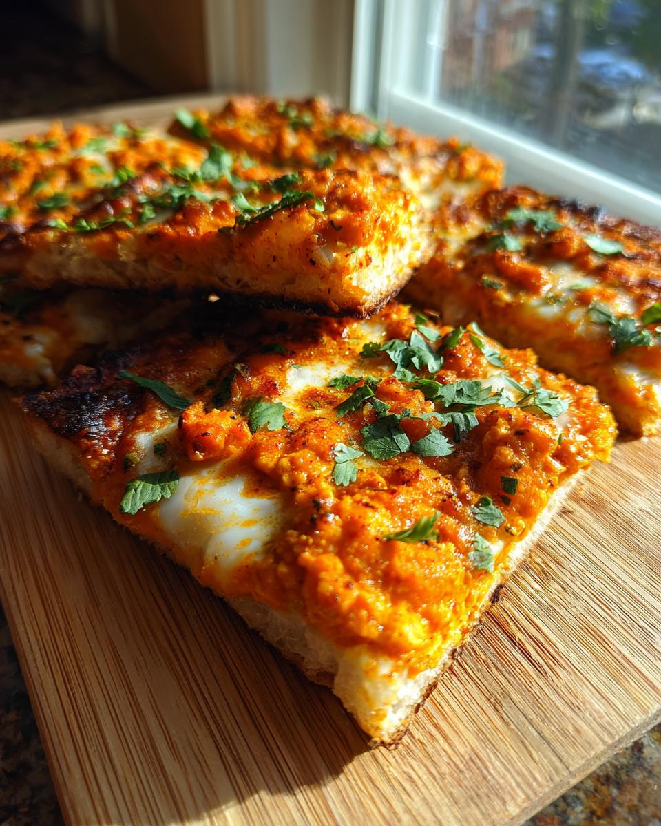 Close-up of thick-crust slices of Sheet Pan Roasted Garlic Buffalo Chickpea Pizza topped with orange sauce and fresh parsley.