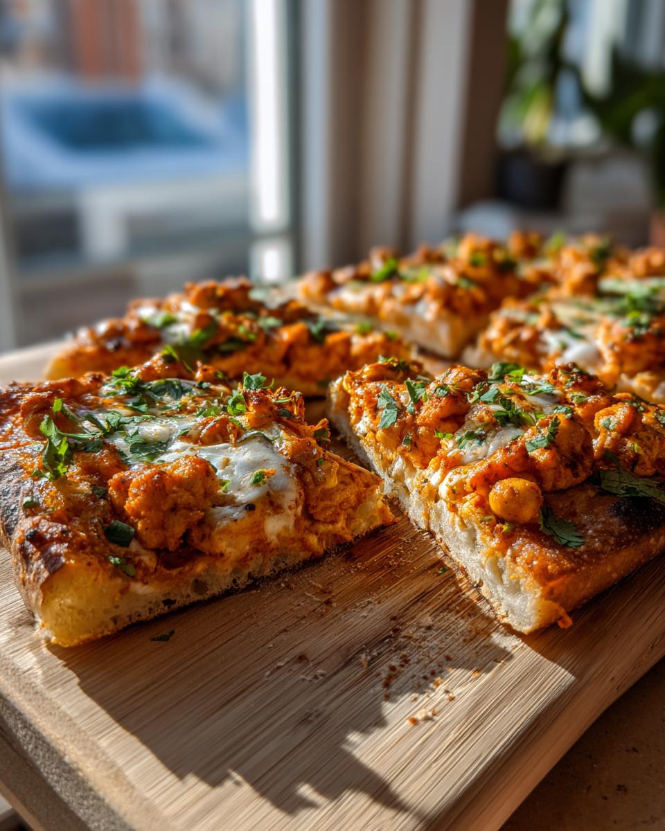 Close-up of sliced Sheet Pan Roasted Garlic Buffalo Chickpea Pizza topped with orange sauce, cheese, and fresh parsley.