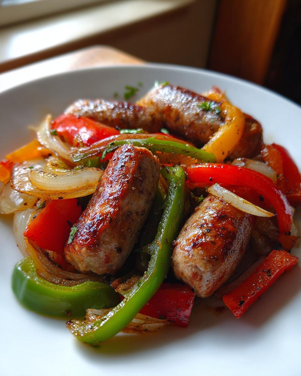 Close-up of browned sausages mixed with caramelized peppers and onions, a perfect Sheet Pan Sausage Peppers And Onions dish.