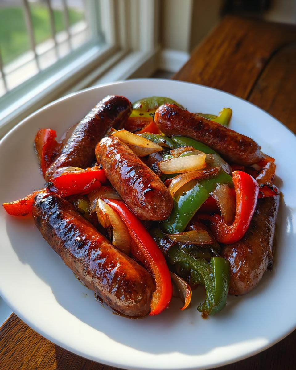 A white plate filled with browned sausages, red peppers, green peppers, and onions from Sheet Pan Sausage Peppers And Onions.