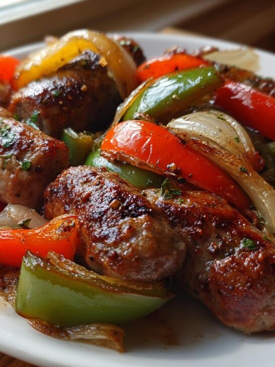 Close-up of browned sausage links mixed with roasted red, green peppers, and onions on a white plate.