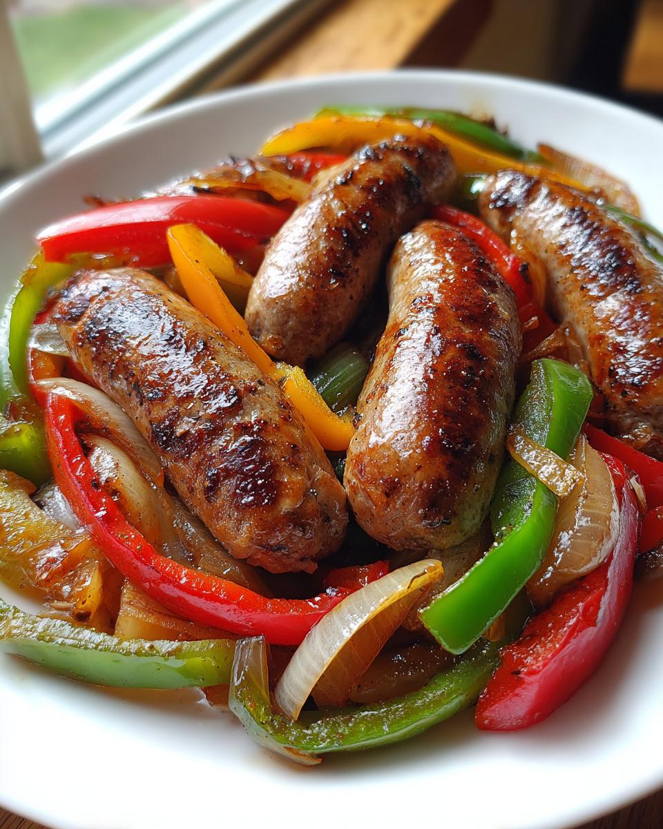 Close-up of perfectly cooked Sheet Pan Sausage Peppers And Onions served on a white plate.