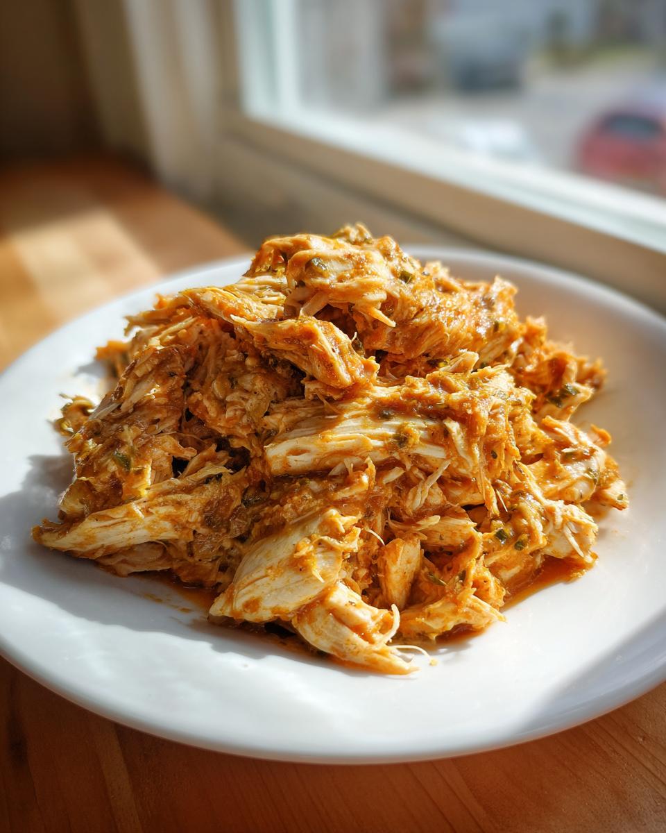 A mound of shredded Slow Cooker Salsa Verde Chicken coated in sauce, served on a white plate near a window.