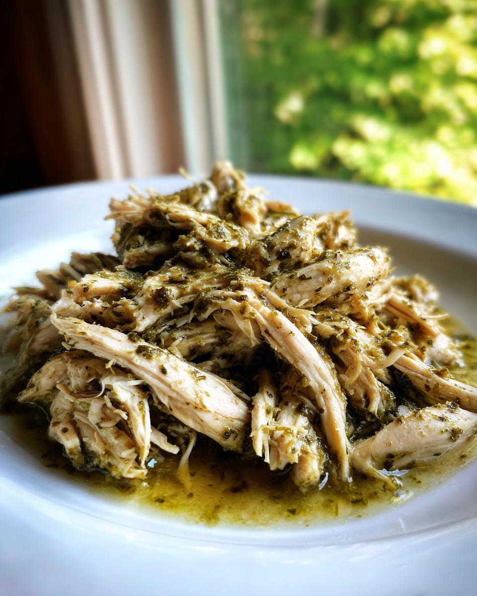 Close-up of tender, shredded Slow Cooker Salsa Verde Chicken coated in green sauce on a white plate.