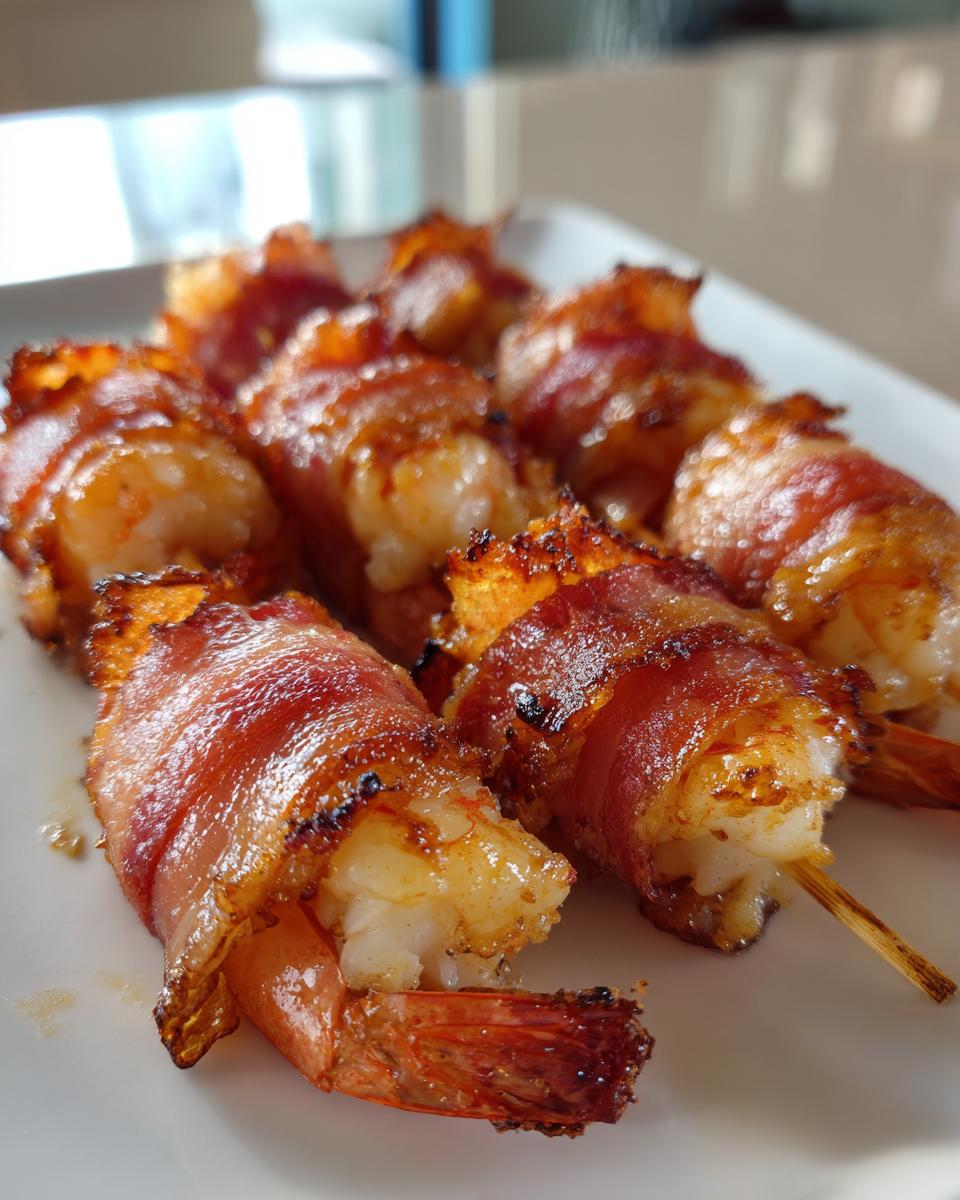 Close-up of several perfectly cooked Shrimp Wrapped In Bacon, resting on a white plate, with crispy bacon edges.
