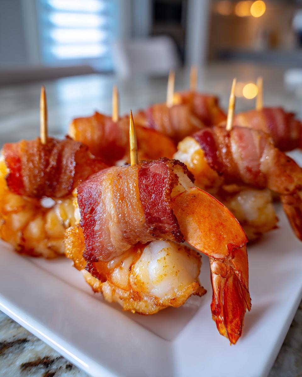 Close-up of several cooked Shrimp Wrapped In Bacon Recipe appetizers secured with toothpicks on a white platter.