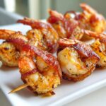 Close-up of delicious, seasoned Shrimp Wrapped In Bacon Recipe pieces served on a white platter.