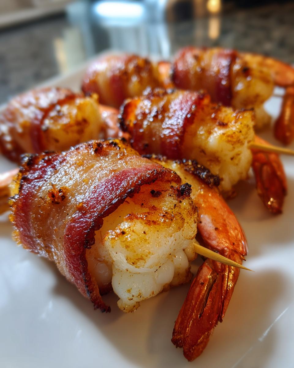 Close-up of several perfectly cooked Shrimp Wrapped In Bacon Recipe appetizers skewered on toothpicks on a white plate.