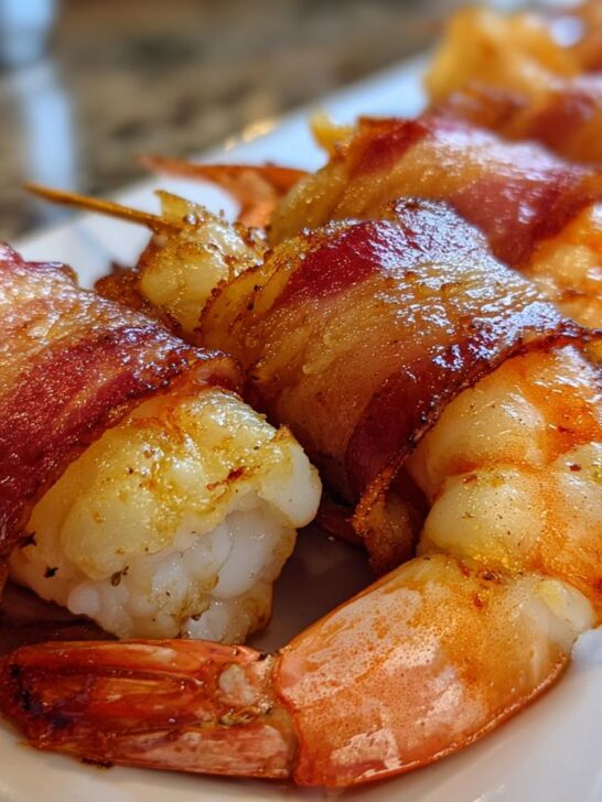 Close-up of perfectly cooked Shrimp Wrapped In Bacon Recipe skewers on a white platter.