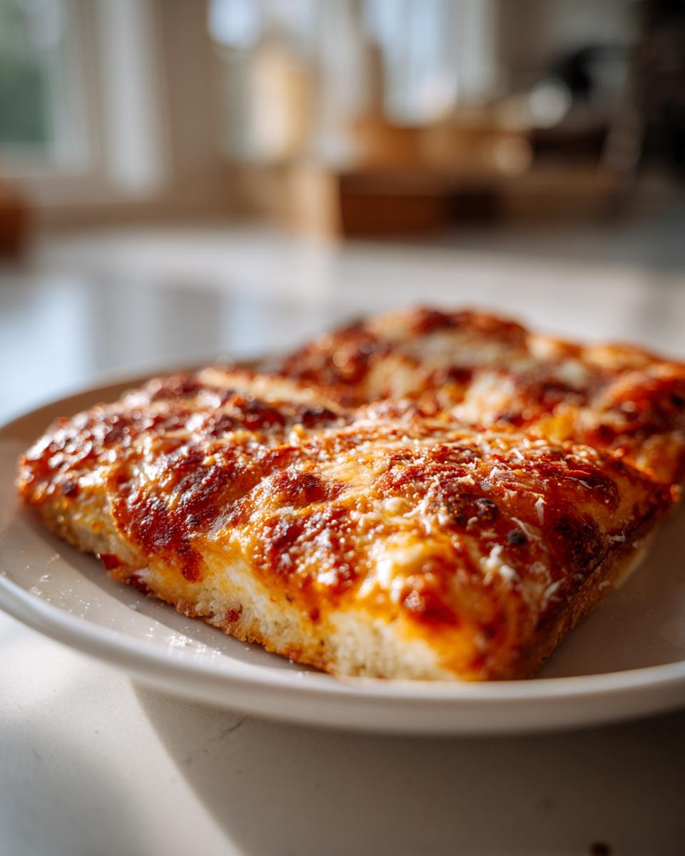 Close-up of a thick, cheesy slice of Grandmas Cheese Sheet Pan Pizza with a golden crust.