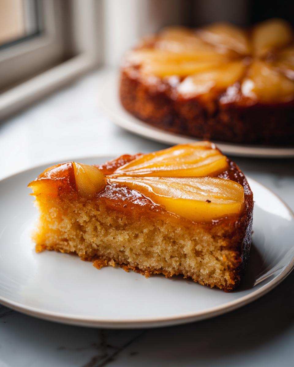 Close-up of a slice of Spiced Pear Upside Down Cake showing moist crumb and caramelized pear topping.