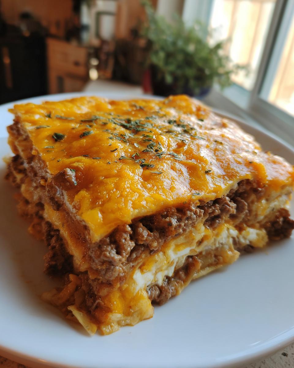A square slice of rich Taco Bake Casserole layered with ground beef and melted cheddar cheese, garnished with herbs.