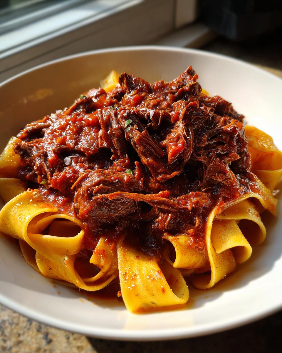 Close-up of rich, shredded Slow Cooker Beef Ragu generously served over wide pappardelle pasta in a white bowl.