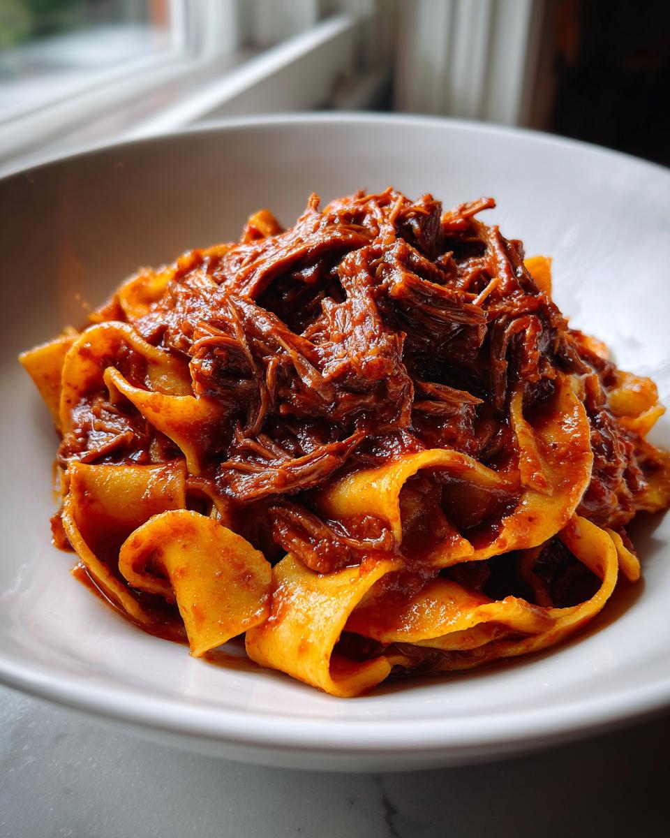 A close-up of rich Slow Cooker Beef Ragu generously topping wide pappardelle pasta in a white bowl.