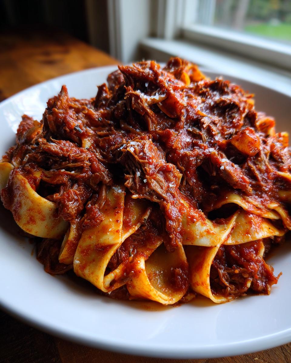 A close-up of rich Slow Cooker Beef Ragu generously spooned over wide pappardelle pasta, lightly dusted with cheese.