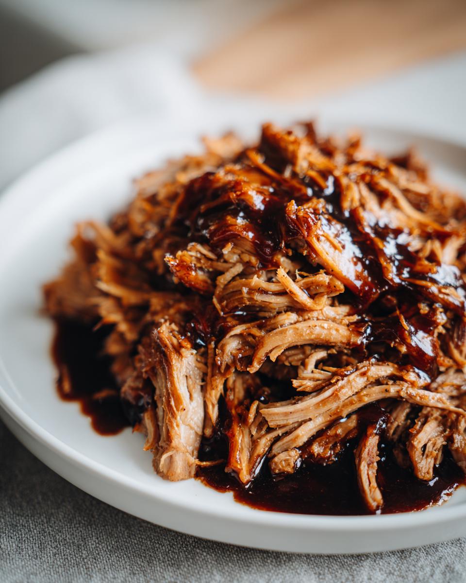 Close-up of tender, shredded Slow Cooker Brown Sugar Balsamic Pork drizzled with a rich, dark glaze on a white plate.
