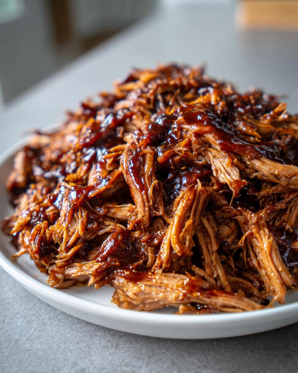 Close-up of tender, shredded Slow Cooker Brown Sugar Balsamic Pork coated in a rich, dark glaze on a white plate.