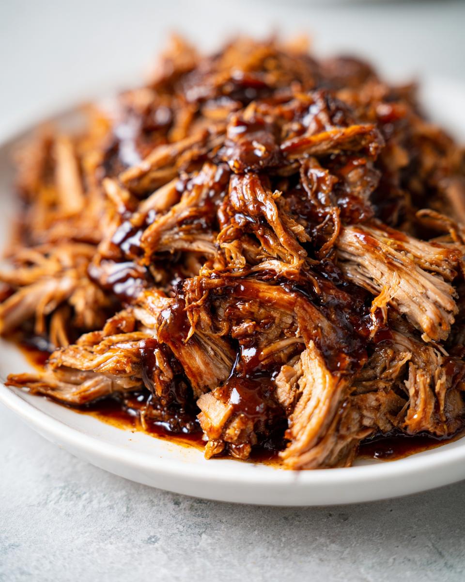 Close-up of tender, shredded Slow Cooker Brown Sugar Balsamic Pork coated in a rich, glossy sauce on a white plate.