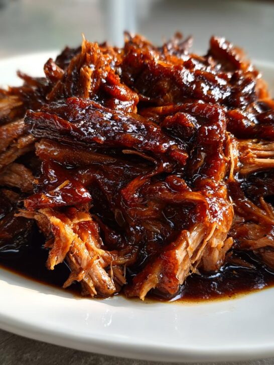 Close-up of tender, shredded pork coated in a thick, glossy brown sugar balsamic glaze, served on a white plate.