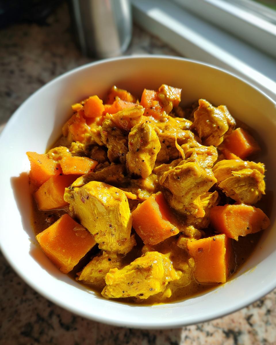 Close-up of a white bowl filled with Slow Cooker Chicken And Sweet Potato Curry, showing yellow chicken chunks and orange sweet potato cubes.