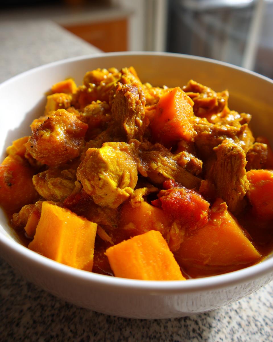 Close-up of a white bowl filled with Slow Cooker Chicken And Sweet Potato Curry, showing chunks of chicken and bright orange sweet potato.