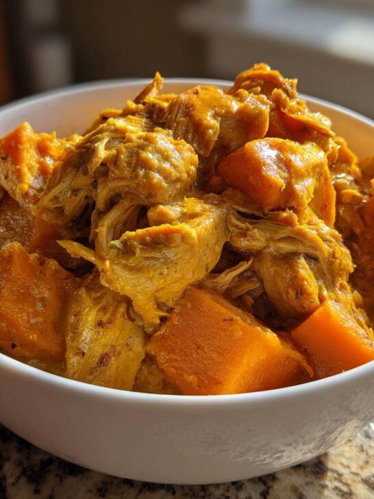 Close-up of a white bowl filled with rich, yellow Slow Cooker Chicken And Sweet Potato Curry chunks.