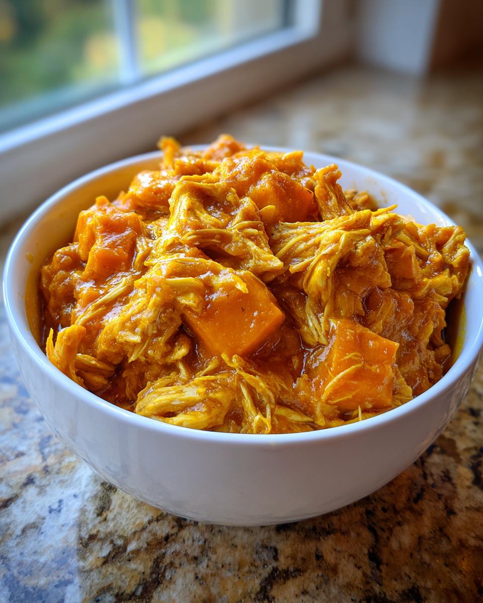 A white bowl filled with shredded chicken and chunks of sweet potato in a rich, yellow curry sauce, ready to eat.