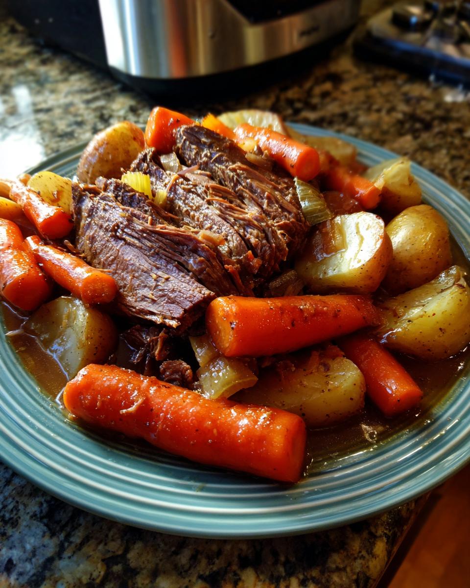 A plate piled high with shredded Slow Cooker Pot Roast With Vegetables, including large carrots and potatoes in savory gravy.