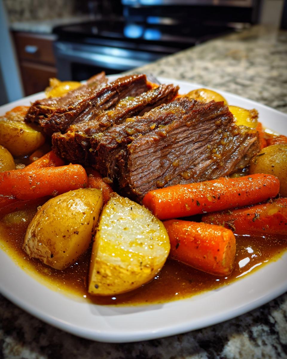 Slices of tender, juicy Slow Cooker Pot Roast With Vegetables, including carrots and potatoes, served in rich gravy.