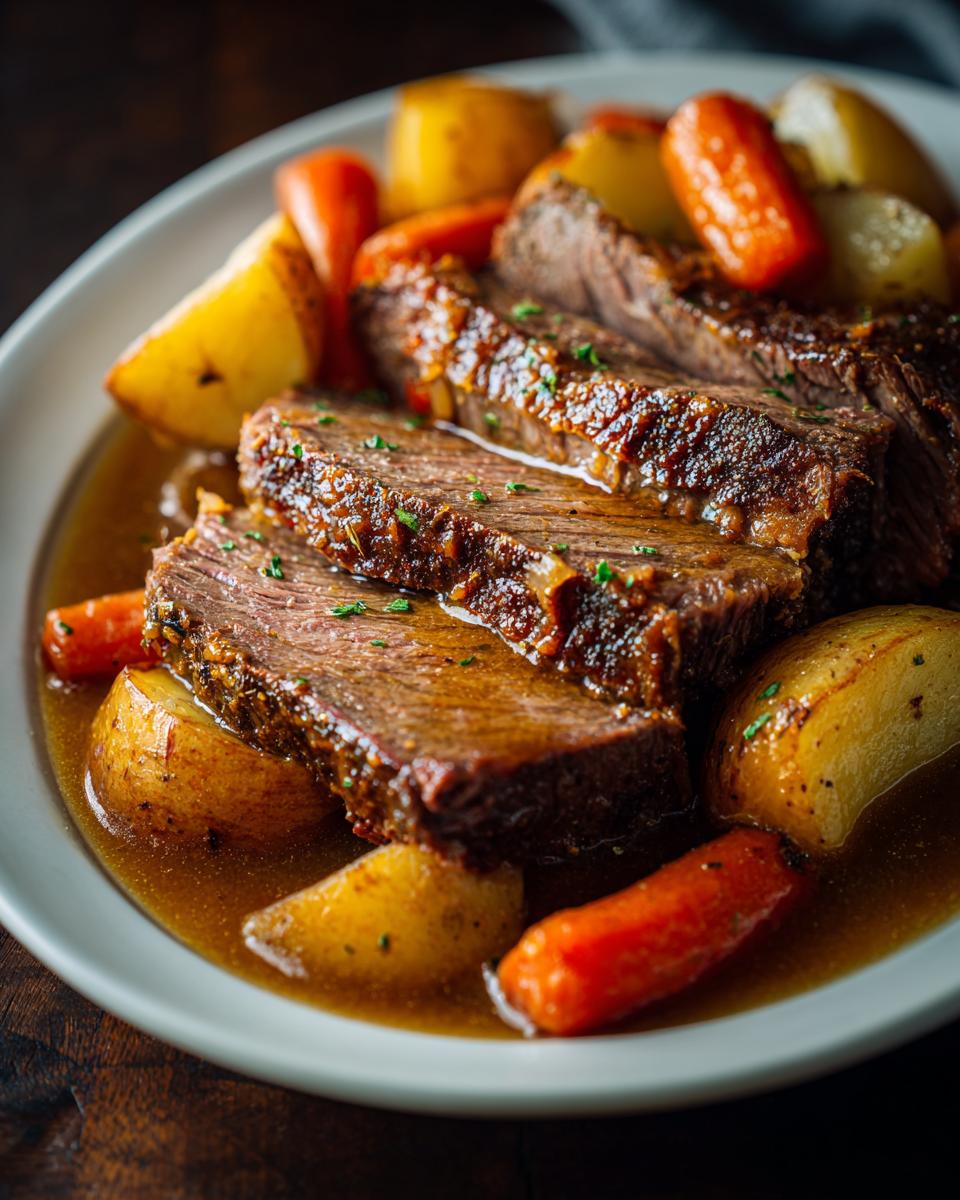 Slices of juicy Slow Cooker Pot Roast With Vegetables served in rich gravy with carrots and potatoes.