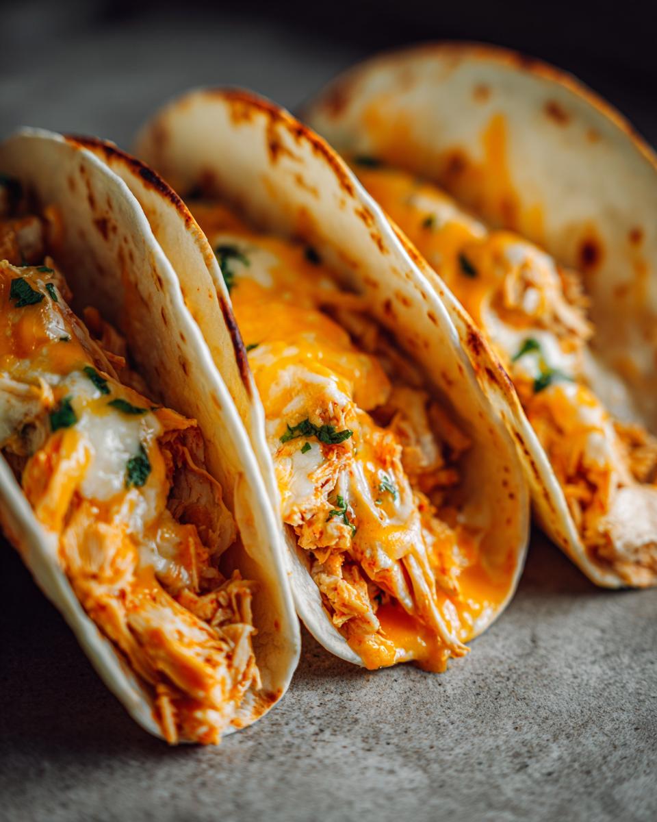 Close-up of three soft tortillas filled with shredded chicken and melted queso cheese for Slow Cooker Queso Chicken Tacos.