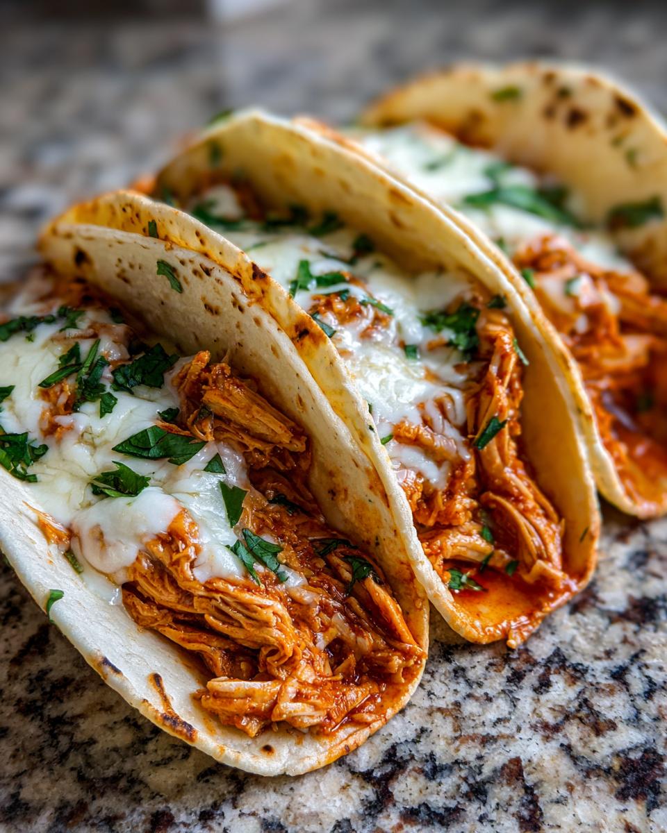 Close-up of three Slow Cooker Queso Chicken Tacos filled with shredded chicken, melted white cheese, and cilantro.