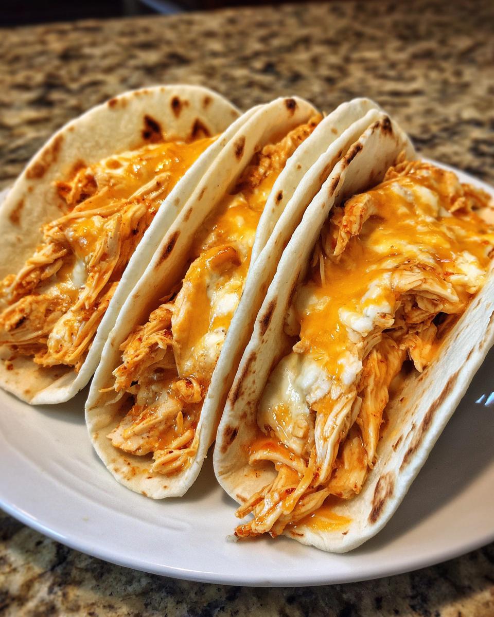 Three soft tortillas filled with shredded chicken and melted queso cheese, ready to eat, showcasing the Slow Cooker Queso Chicken Tacos.