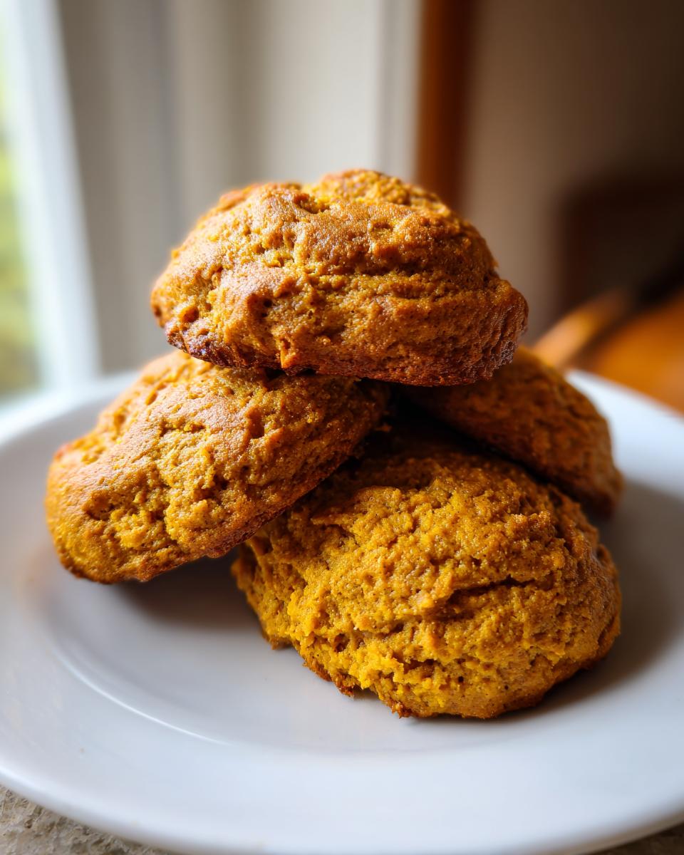 A small stack of four soft, golden-brown Chai Spiced Pumpkin Cookies resting on a white plate.